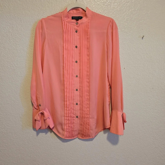 Banana Republic Dillon Bow Pink Pleated Front Button Shirt Fluted Sleeve Cuff XS - Picture 7 of 8